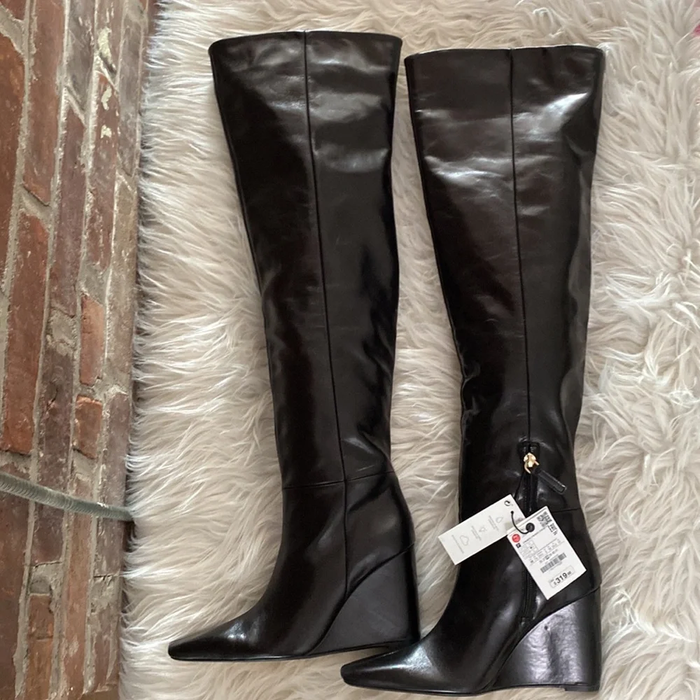 NWT Zara Leather Over The Knee Wedge Heel Boots, Size 7.5 - Picture 9 of 17